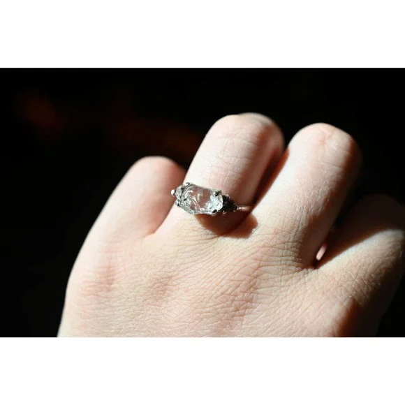 3 Stone Raw Diamond and Garnet Handmade Engagement Ring Rough Natural - Picture 7 of 8